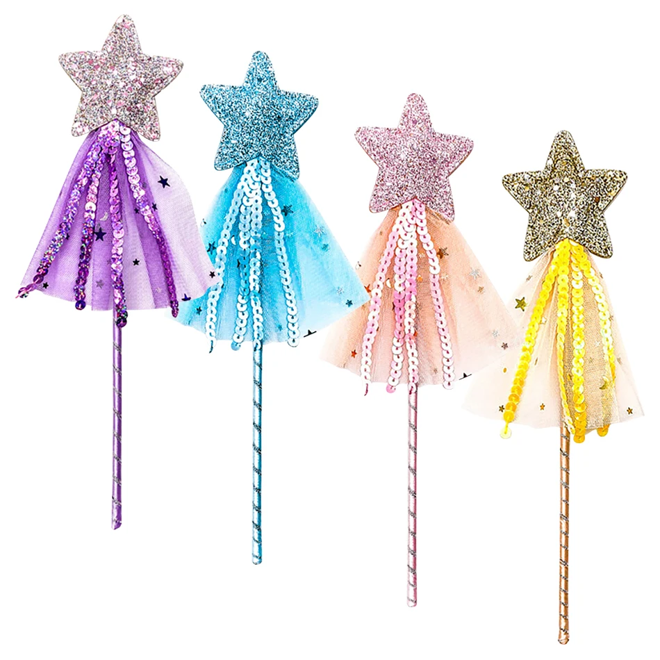 Children Five Point Stars Wand with Tassels Ribbon Halloween Princess Magic Accessory with Glitter Star Great for Themed Parties