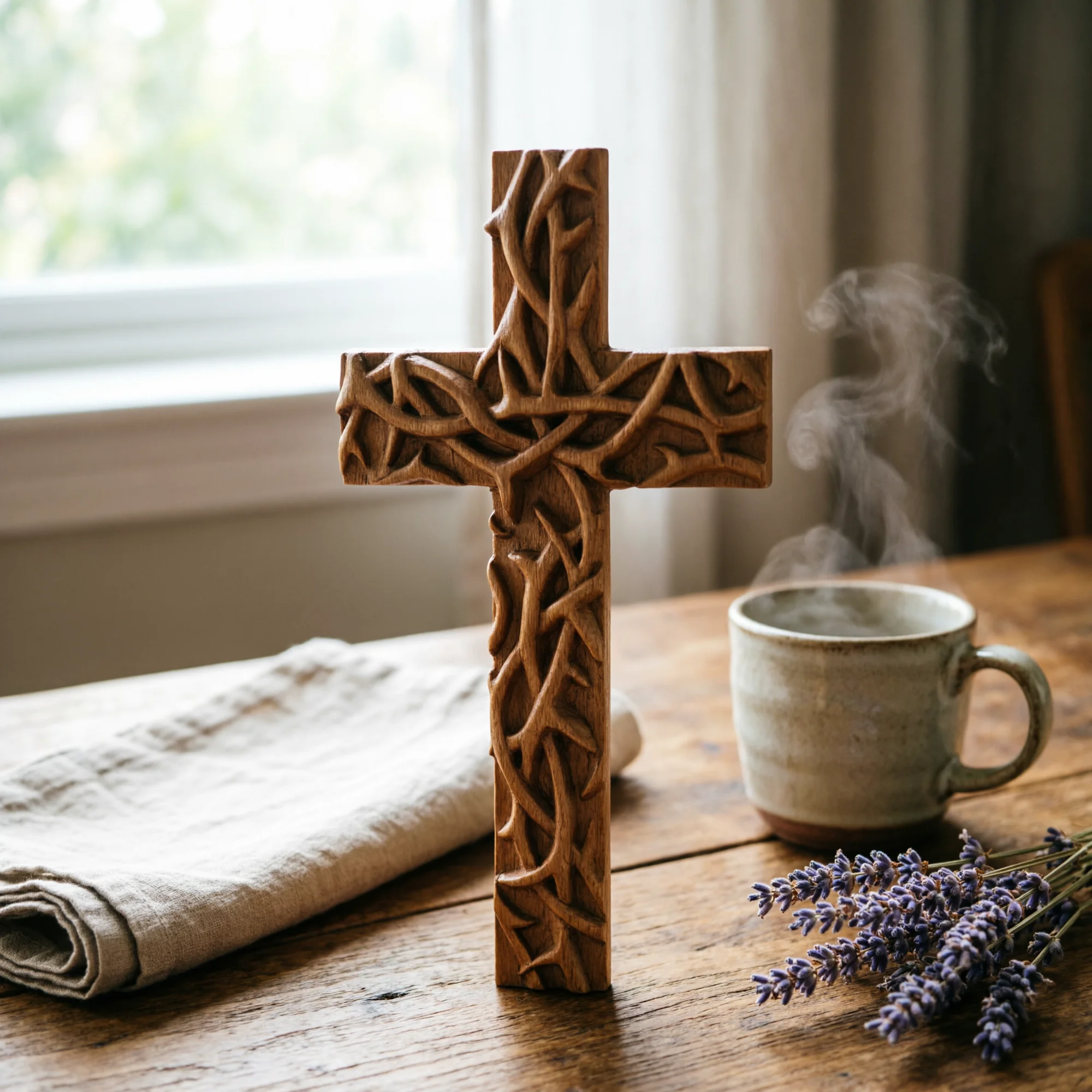 Carved Wooden Thorns Cross Wall Hanging Ornament Natural Wood Thorn Pattern Cross Christian Religious Wall Decor Faith Home Deco
