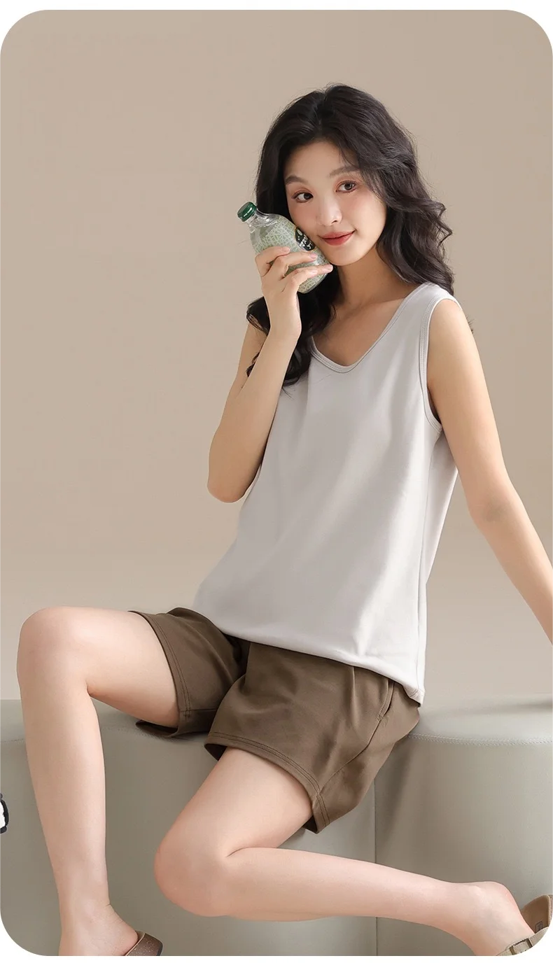 

Dawnloom Women's Light Gray & Brown Contrast Cotton Sleeveless Two-Piece Pajamas Loose Minimalist Home Loungewear Set