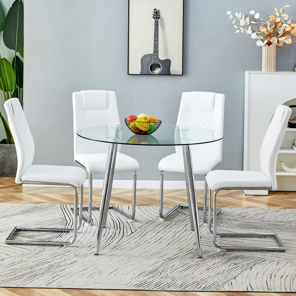 

Table and Chair Set (1 Table+4 Gray Chairs) Round Dining Table with 40 Inch Glass Tabletop 4 Gray PU Chairs Dinner Table Chairs