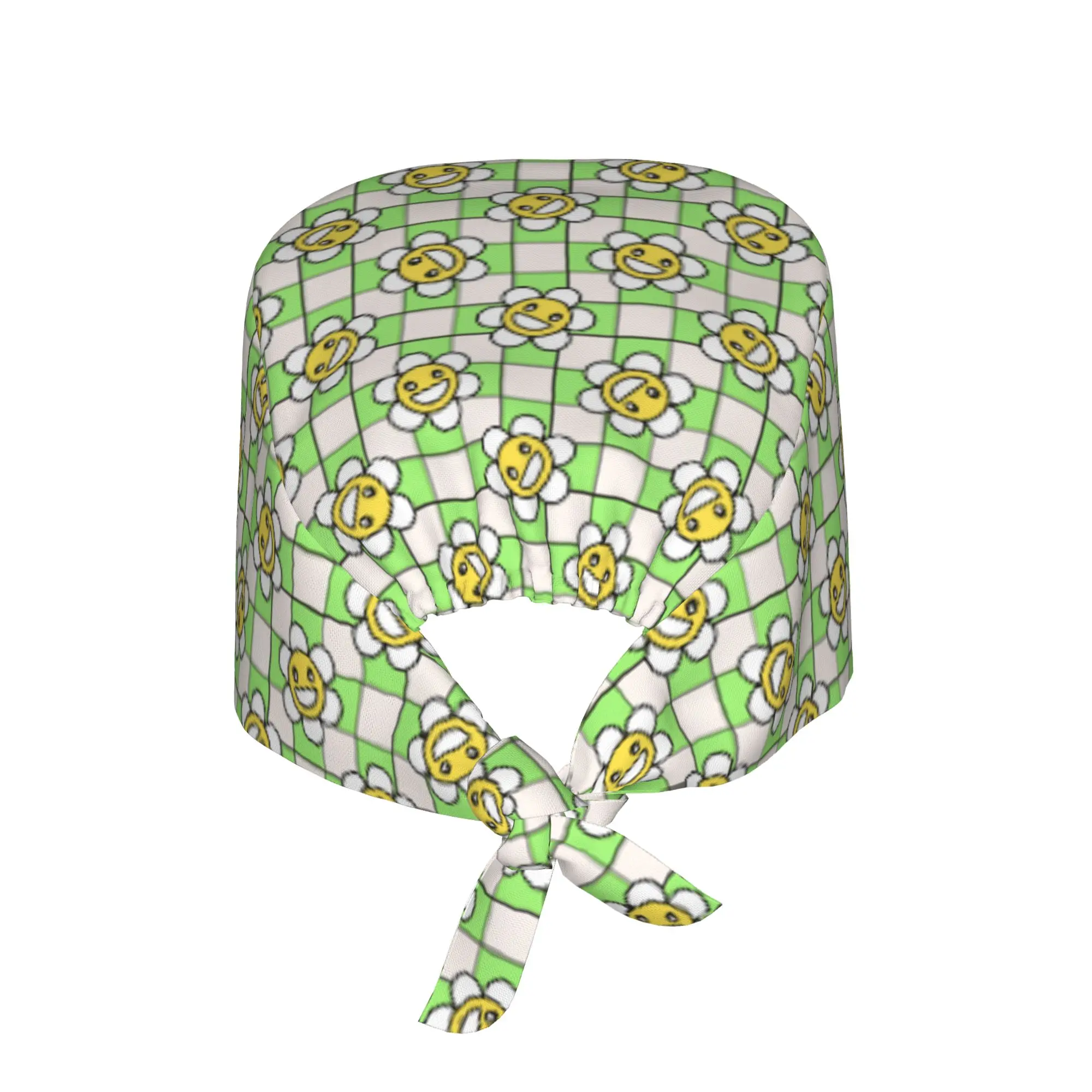 Happy Face Daisy Flower   Cleaning Working Cap Cool Unisex Green Checkered  Scrub Cap Surgicals Hat Nurse Scrubs Hat Nurse
