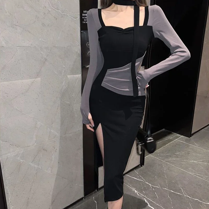 2024 Spring Spicy Girls Long Sleeve Sexy Split Long Dress for Women Korean Fashion Slim Fit Temperament Elegant Wrap Hip Dress