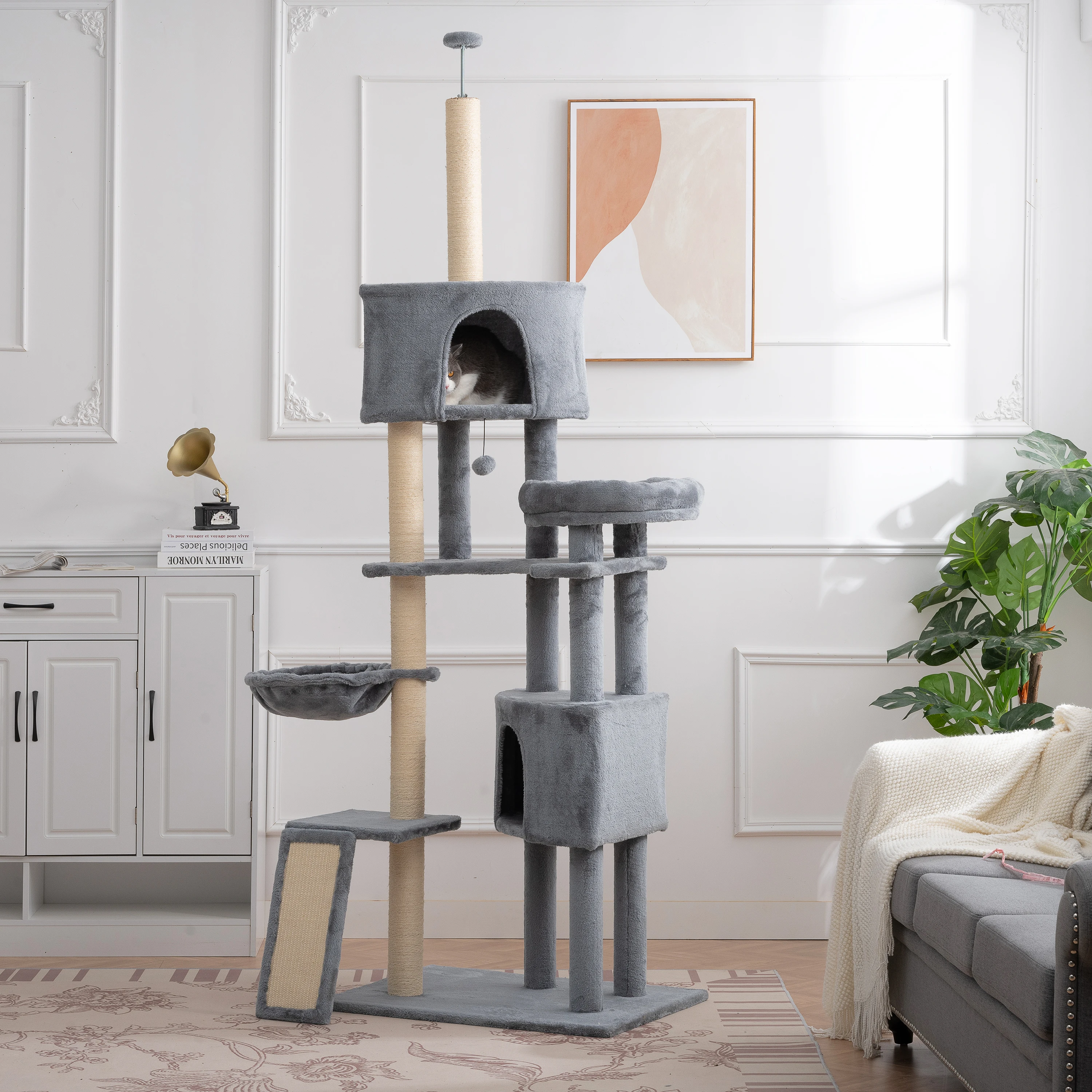 Cat Tree, 105-Inch Cat Tower for Indoor Cats, Plush Multi-Level Cat Condo with 3 Perches, 2 Caves, Cozy Basket and Scratching Bo