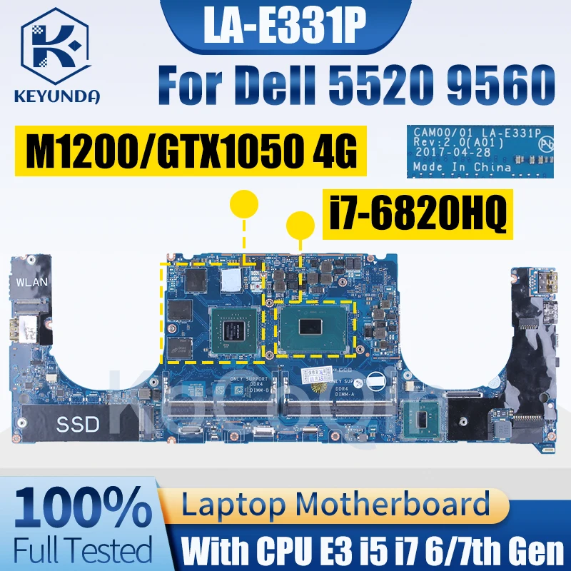 For Dell 5520 9560 Notebook Mainboard LA-E331P 0YH90J 0GDXD5 0HW7C4 0V90XP 03YC22E3  i5 i7 6/7th GPU 4G Laptop Motherboard