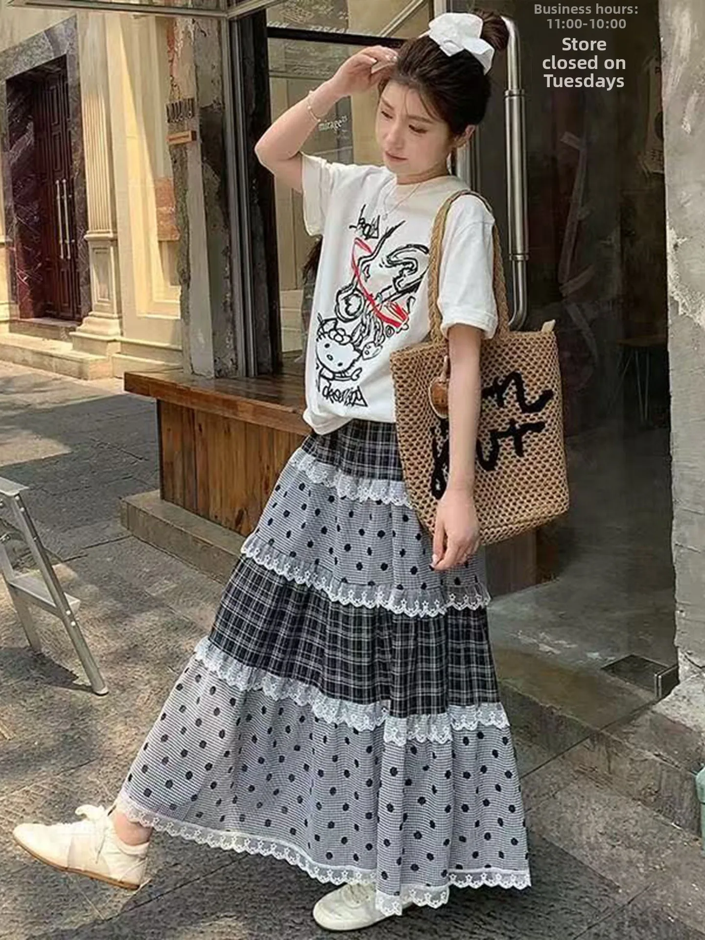High Waist Gingham Cake Skirt Women's Summer New Style Retro Polka Dot A-Line Long Skirt Lace Trim Vintage Checkered Half-length