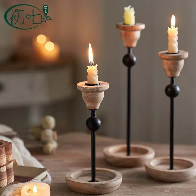 Medieval simple candle holder ornament Zen retro candle holder iron and wood combination entrance decoration American