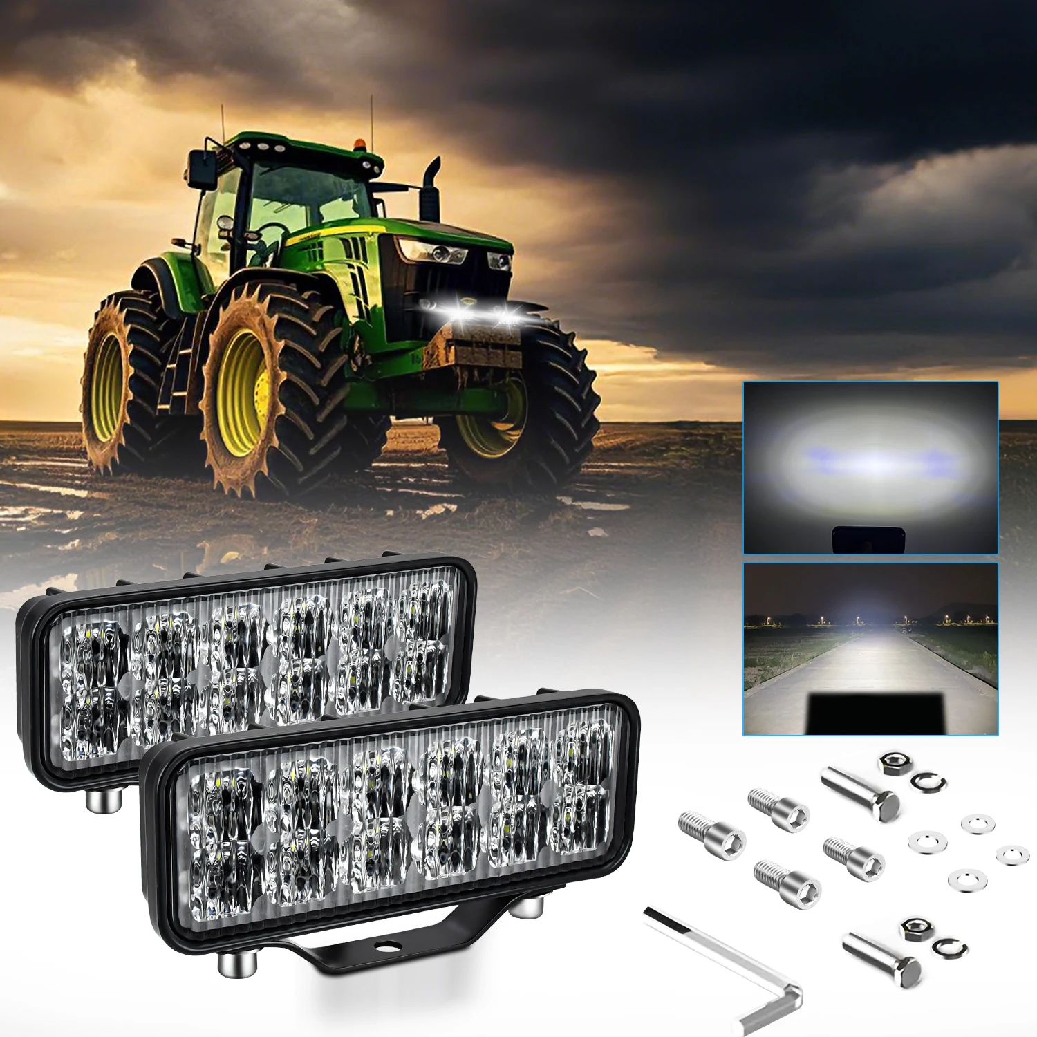 Rectangle LED Work Light 12‑24V Waterproof Flood Lamp For Tractor Truck Excavator SUV Offroad Vehicle Auxiliary Driving Light