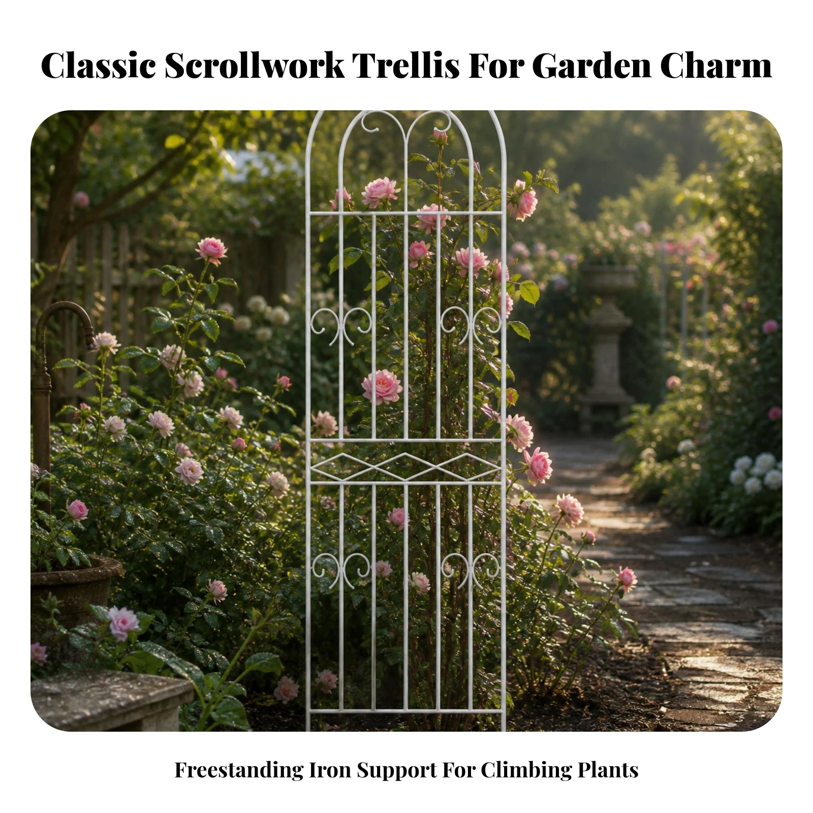 Climbing Trellis with Oval Arch Weather-Resistant Garden Arch Trellis Plant Support with Scroll Details Floor-Standing