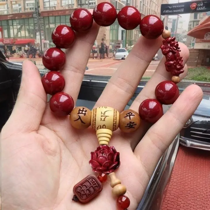 Cinnabar Car Gear Beads Peach Wood Safety Pendant High End Auto Decor for Men Women Blessing
