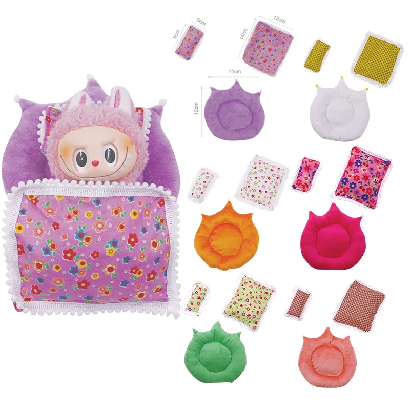 Kawaii Labubu Puppe Mini Schlafsack Bett mit Kissen süße Puppenhaus Dekoration Ornament Cartoon Mädchen Puppe Spielzeug Zubehör