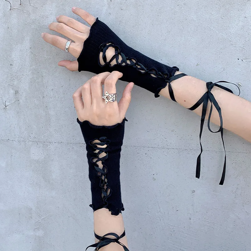 

Sexy Black Knit Acrylic Strap Drip Lolita Ninja Fingerless Gloves Women Summer Thin Sunscreen Sleeves Half Finger Driving Mitten
