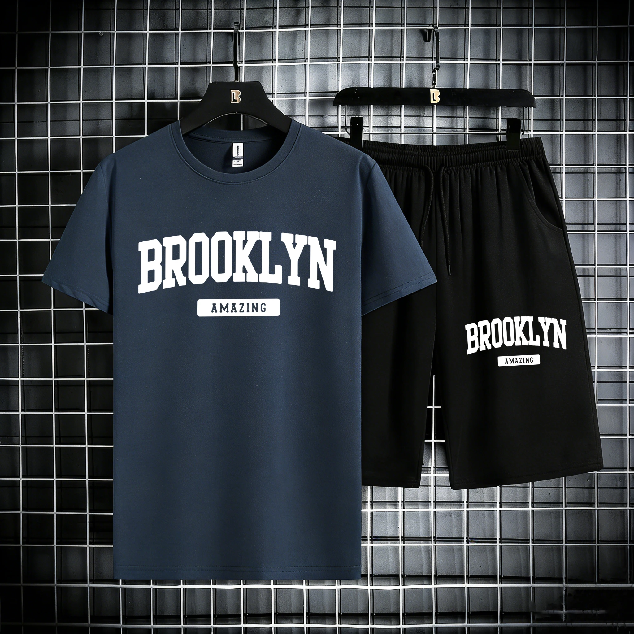 

Brooklyn Amazing Letter Prints Male Cotton Summer Simple Tees & Shorts 2 Piece Set Pocket Classic Bottom Cool All-Match Short