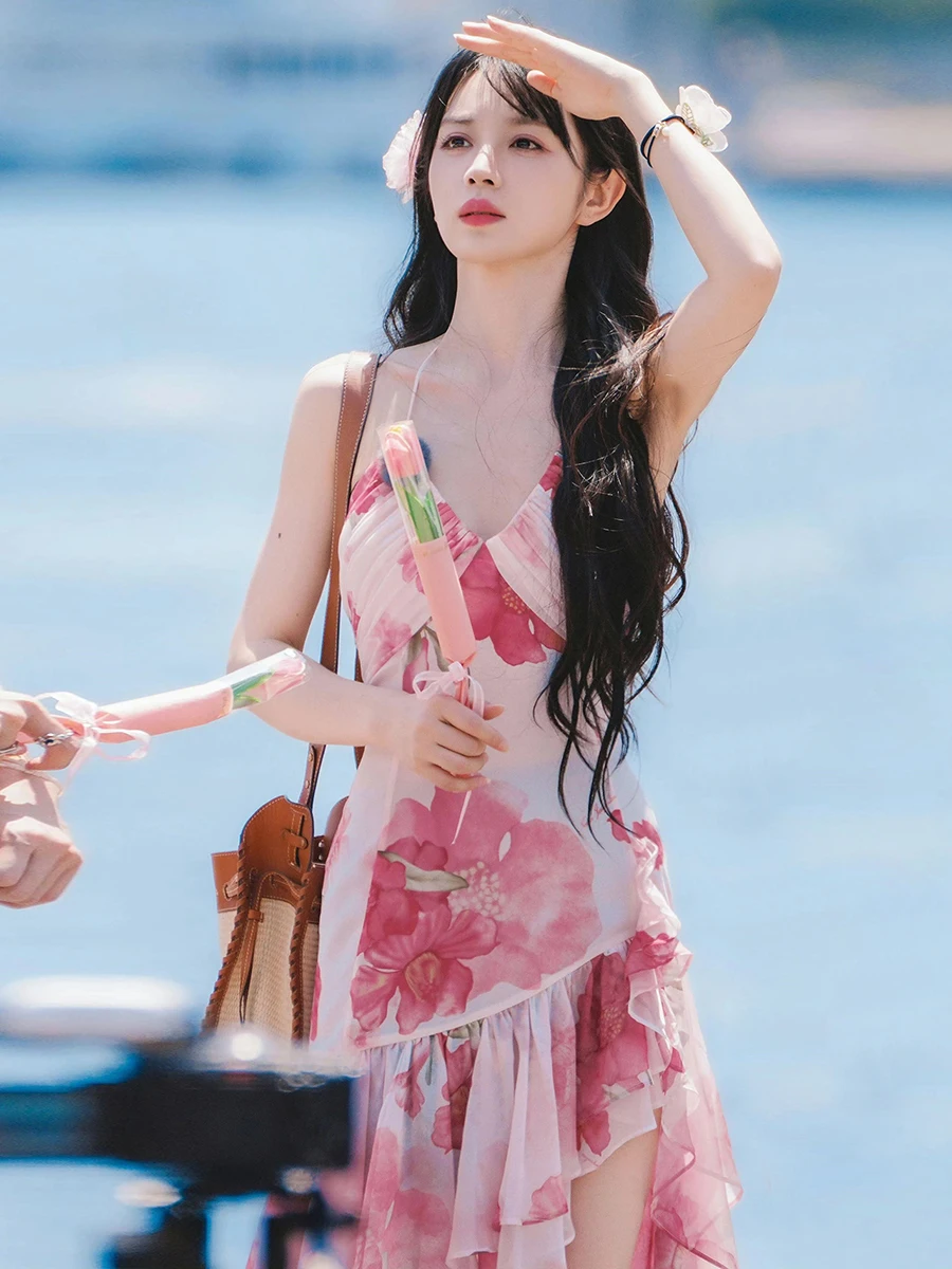 Ele Cintura alta Estampado floral Asimétrico Largo Dr Mujer Colgante Neline Dr Temporada de verano Poliéster Spandex