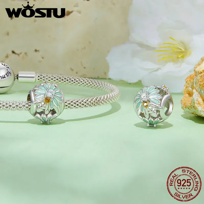 WOSTU Real 925 Sterling Silver Green Butterfly Pendant Bee and Daisy Charms For Original Bracelet DIY Necklace Holiday Jewelry