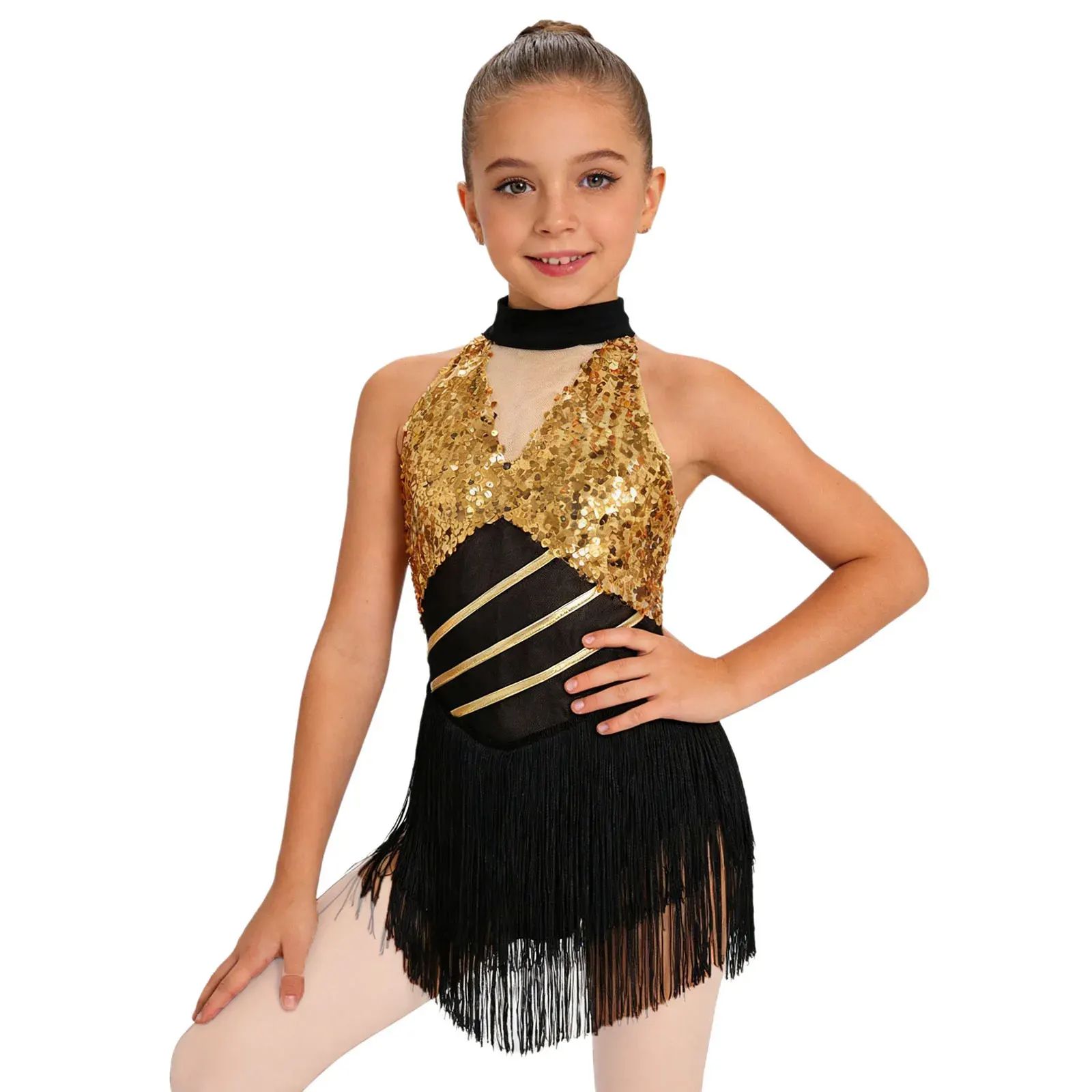 Girls Cha-cha Salsa Latin Ballet Dance Costume Sequins Halter Sleeveless Mesh Waist Keyhole Tassels Leotard Kids Dancewear