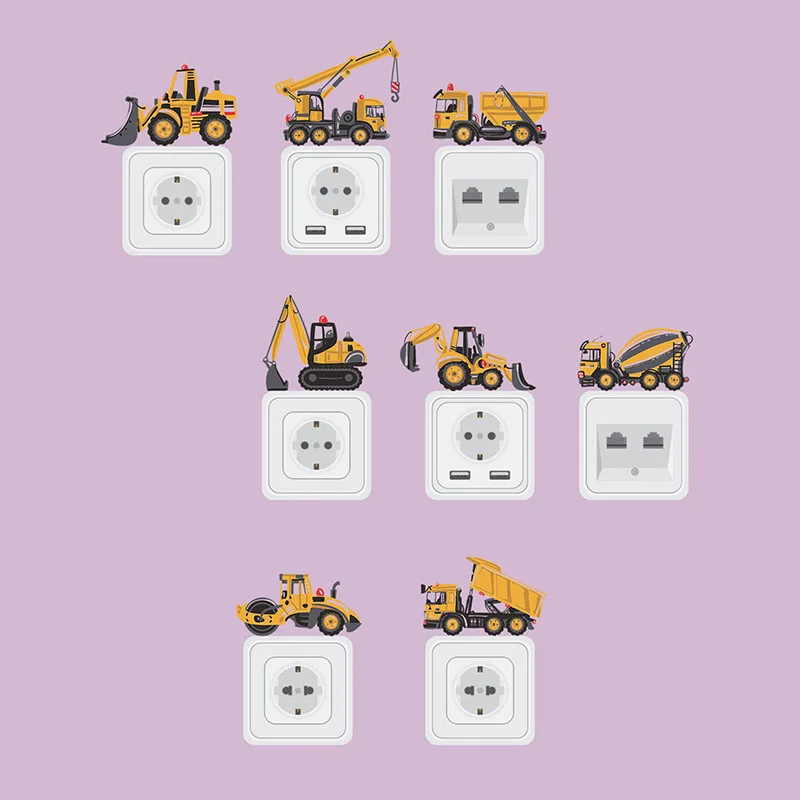 Cartoon Nordic Crane Excavator Tractor Switch Sticker Kid Baby Bedroom Decoration Self-adhesive Home Decor Child Wall Decals