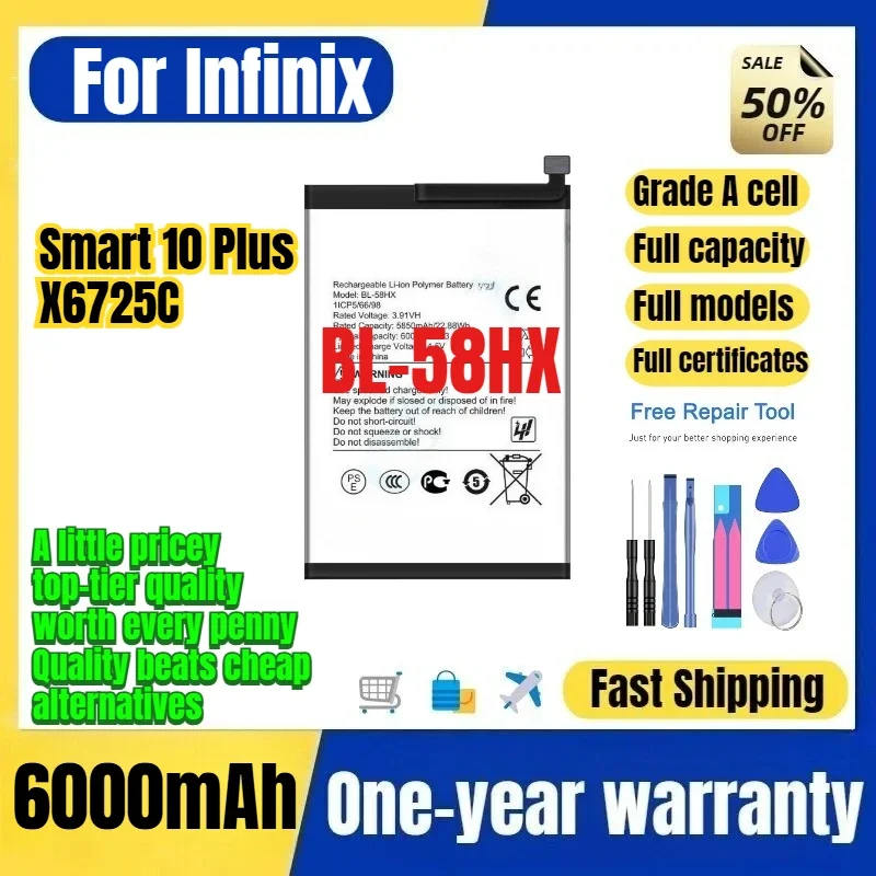 BL-58HX for Infinix Tecno Smart 10 Plus/X6725C Phone Battery 0 Cycle High Capacity Replacement Bateria Grade A Cell with Tools