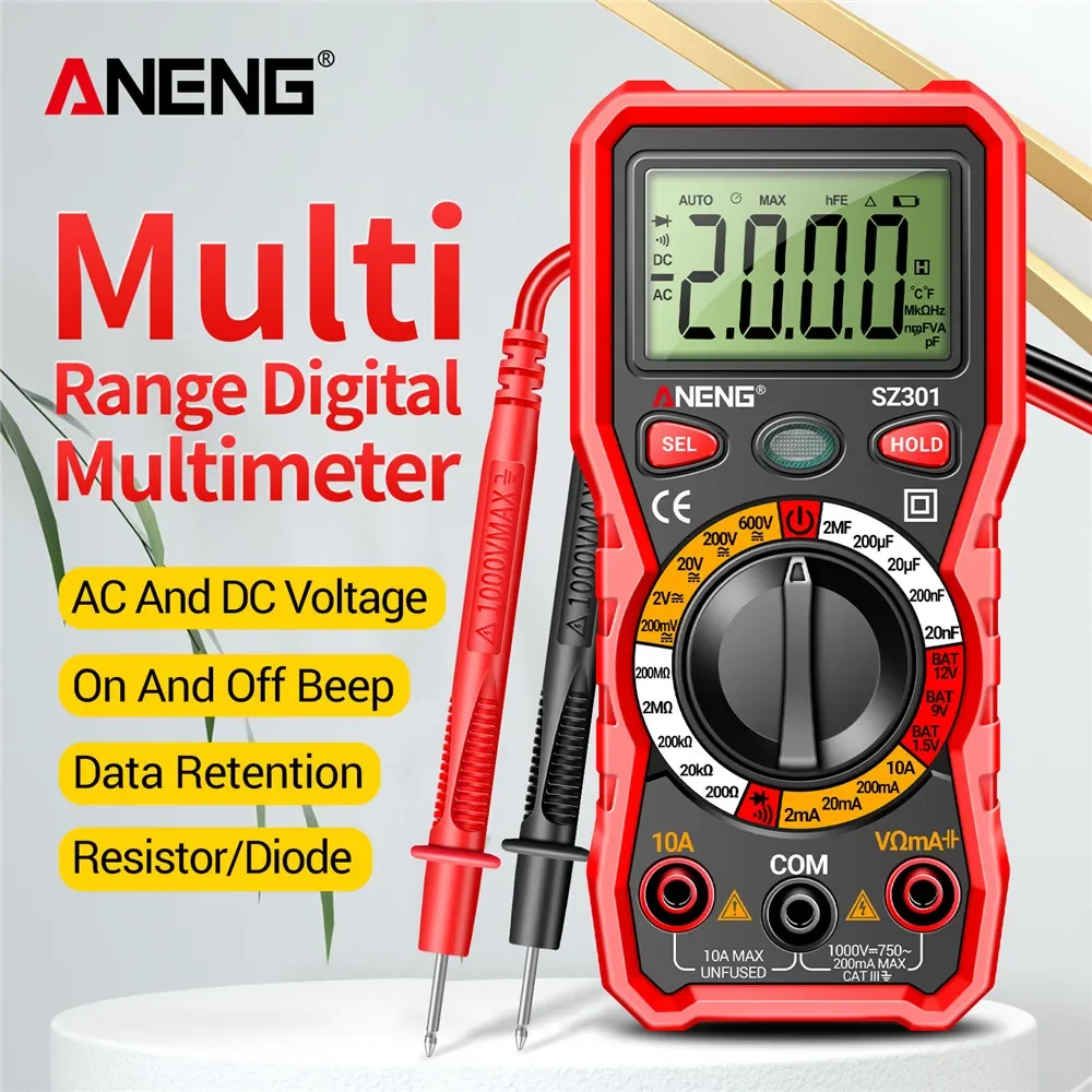 

ANENG SZ301 Digital Multimeter AC/DC Votage Current Automatic Tester Electrical Resistance Ohm Ammeter Capacitance Meter