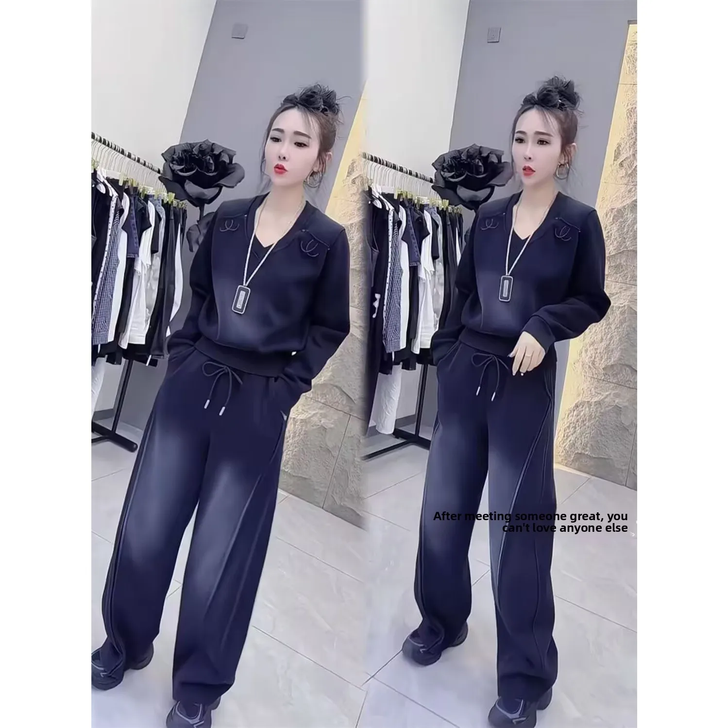 Spring Autumn Heavyweight Cotton Simulation Long Sleeve Casual Set Women's Fashion Wide Leg Pants Two Pieces Ensemble