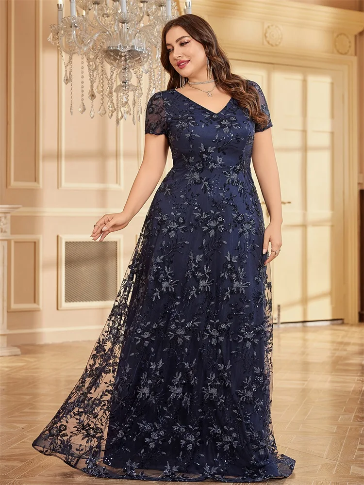 XUIBOL Plus Size Elegant Floral Blue Tulle V-Neck Evening Dress Women Short Sleeve Wedding Party Long Maxi Cocktail Dress Prom