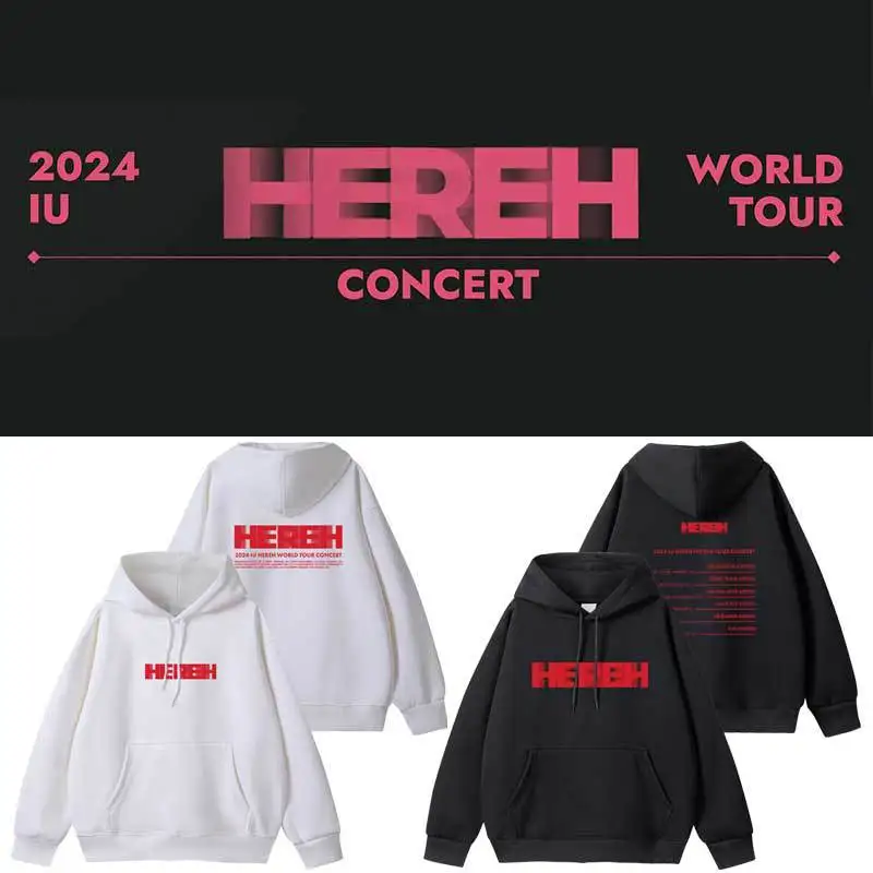 2024 IU HEREH World Tour Hoodies Lee Ji Eun Kpop Fashion Autumn Loose Sweatshirt Korean Women Men Popular Trend Pockets Hoodie