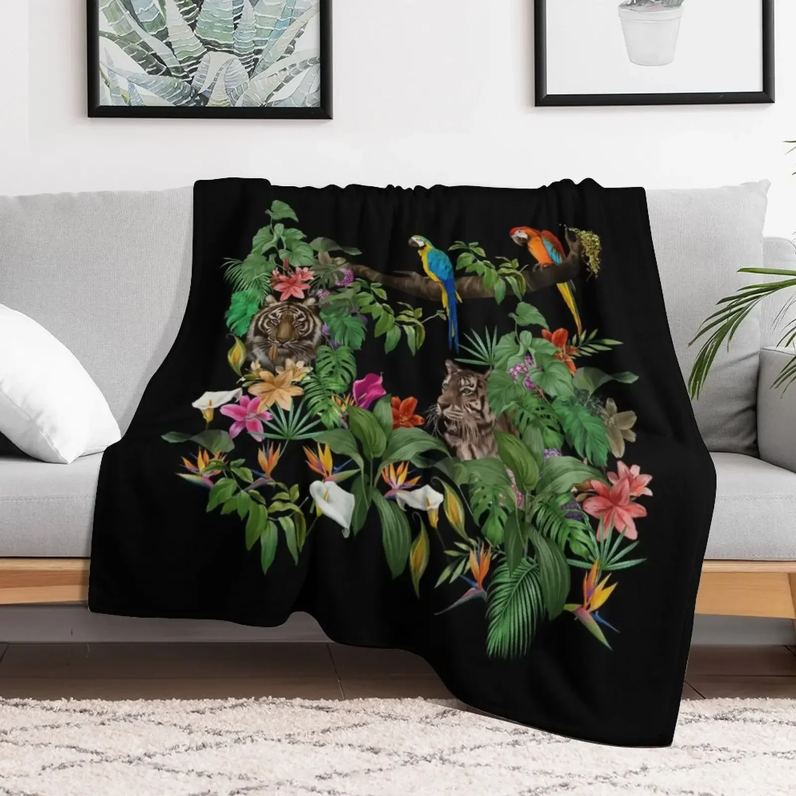 Jungle pattern.Leopard and parrot ,tropical leaves and flowers.Dark exotic forest. Throw Blanket Hairy Decorative Sofa Blankets