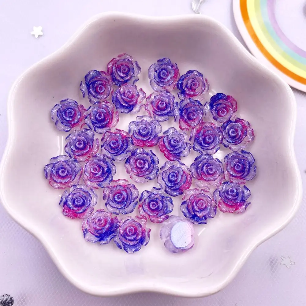 50Pcs 10mm 8mm Resin Glitter Rose Nail Art Flatback Flower Rhinestones Gem DIY Scrapbook Wedding Ornament Appliques Crafts SL802