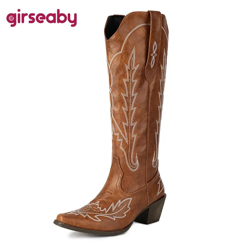 

Girseaby 2024 New Women Western Boots Square Toe Block Heels 5cm Slip On Embroider Big Size 46 47 48 Leisure Vintage Knee Boots