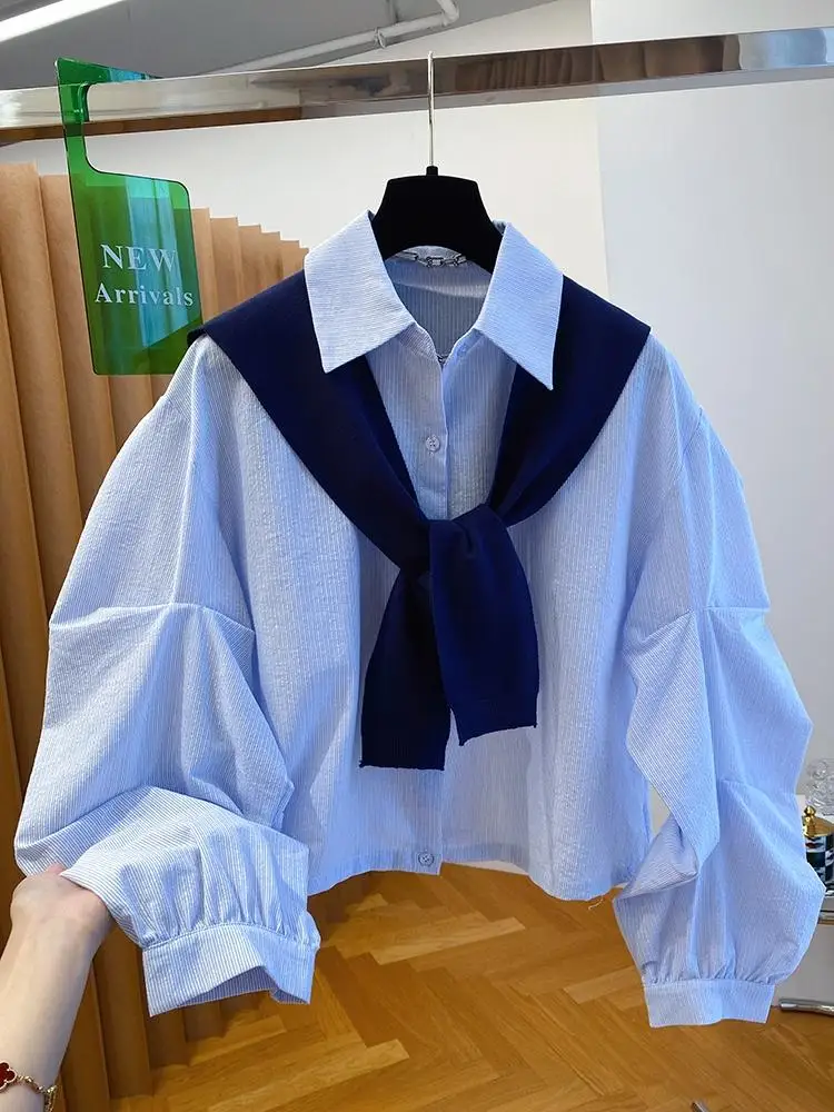 

Knitted Shawl With Blue Striped Shirt For Women's Two-piece Top 2025 New Loose Layered Autumn blouse