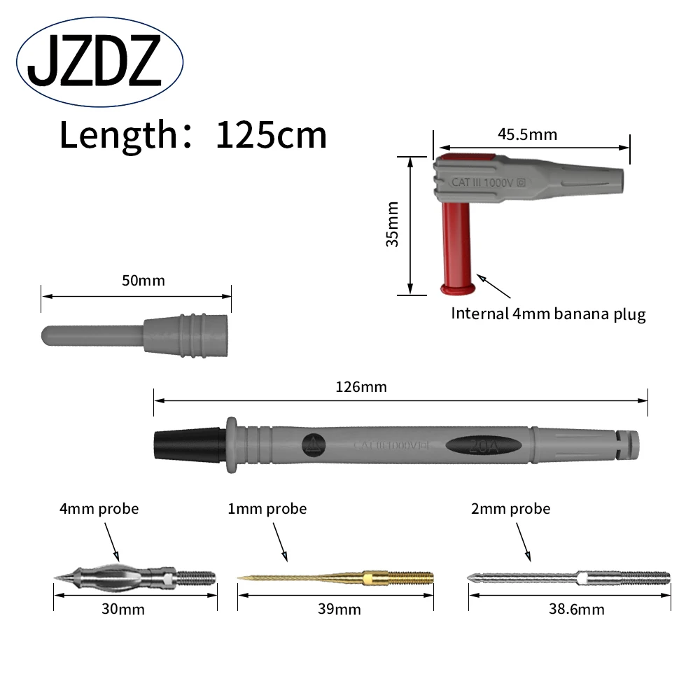 Imagem -03 - Jzdz-teste Multímetro Leva Kits com Sondas de Agulha Substituíveis Plugue em Forma de u de mm Cabo Banana de mm 1000v 20a J30055b