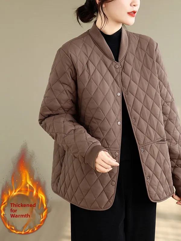 Casual Style Women's Cotton Jacket Diamond Pattern Vintage Elegance Autumn Winter Fashion Korean Version Open Cardigan Coat