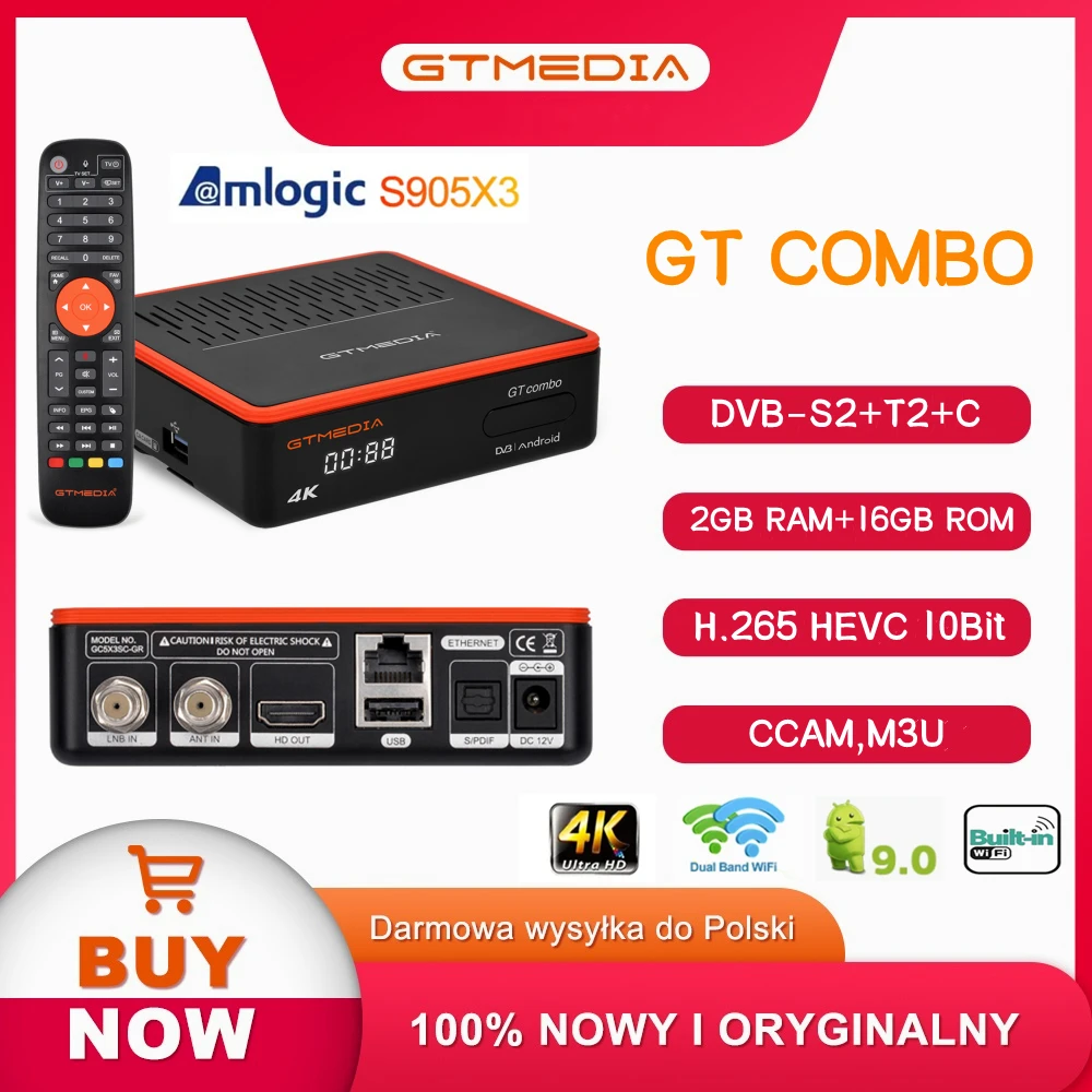 GTMEDIA GT Combo 4K Smart TV BOX Android 9,0 + DVB-S/S2/S2X,DVB + T/T2/C,Amlogic S905X3 2GB + 16GB,M3U/CCAM Polonia almacén en Stock