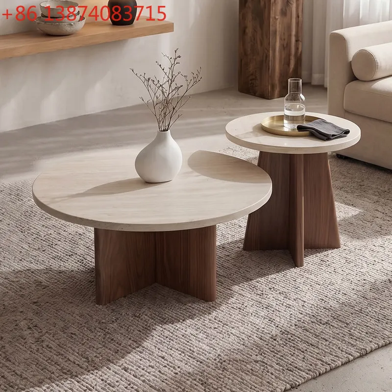 Medieval travertine rock slab coffee table combination, round solid wood small coffee table can be moved