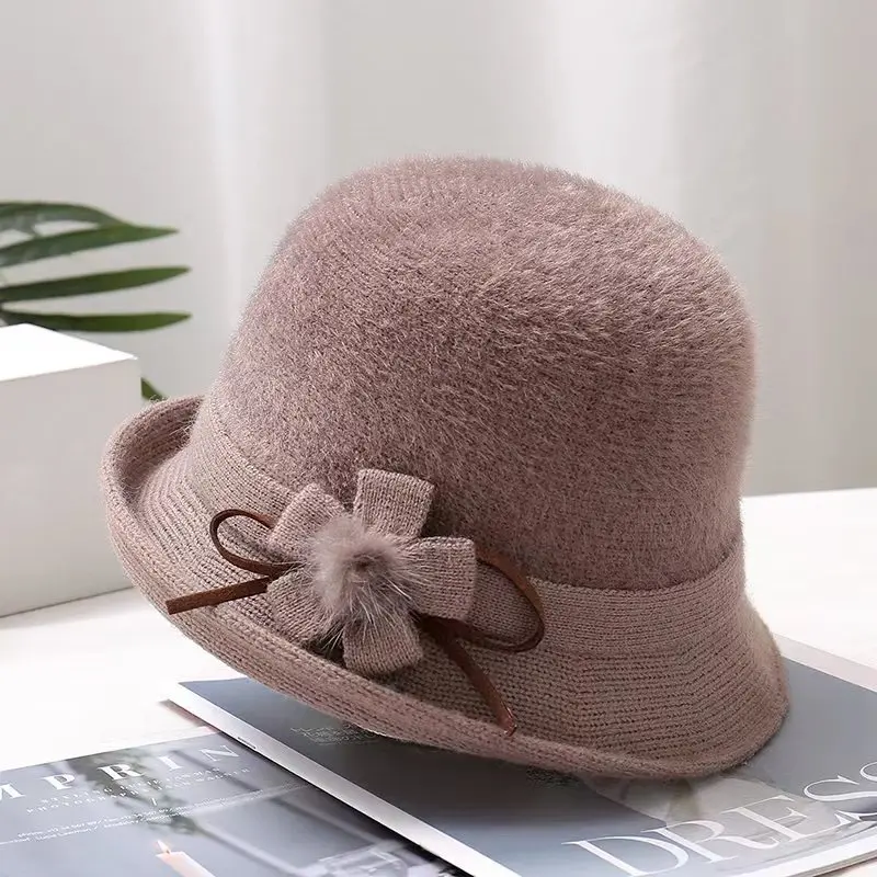 Hat Women\'S Fall And Winter Splicing Mink Velvet Basin Hat Mother Elegant Bowler Hat Fashion Flower Hairball Fisherman Hat