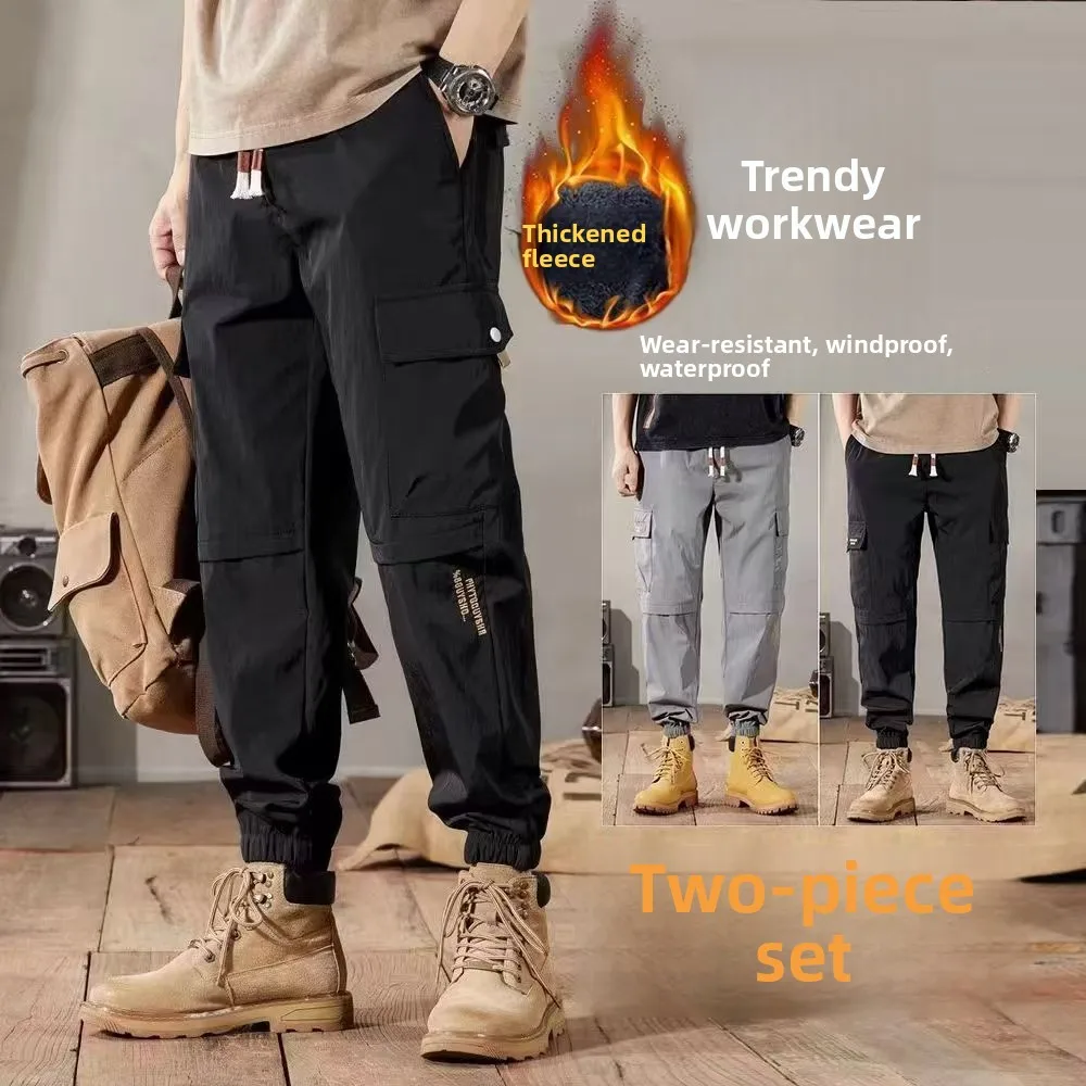 

Men's Autumn Winter Waterproof Windproof Fce Lined Loose Casual Trousers Workwear Pants with Multiple kets Thiened