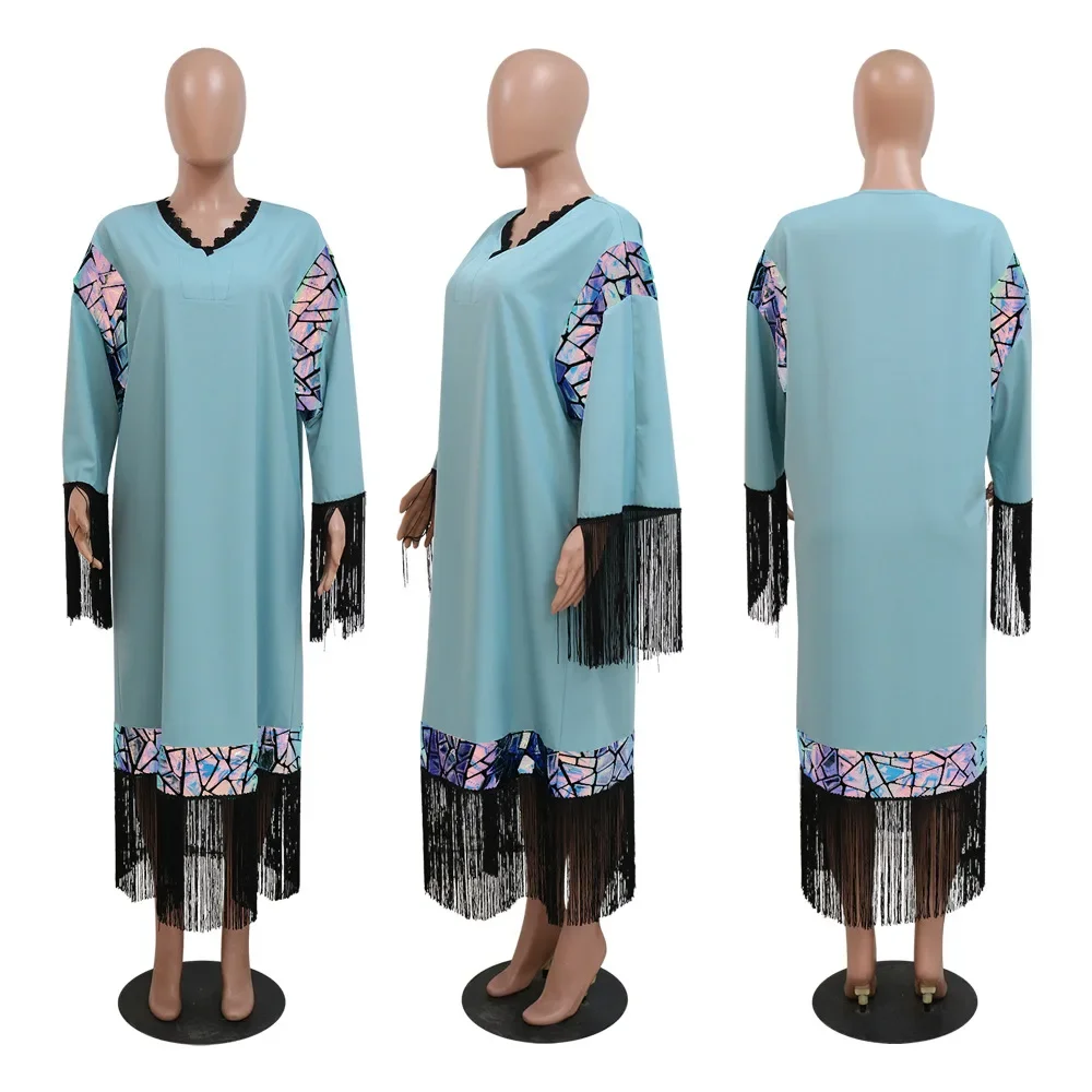 Ramadan Long Dress Moroccan Caftan 2024 Women Spring Summer Big Swing Muslim High Waist Tassel Splice Tassel Evening Dress Gown