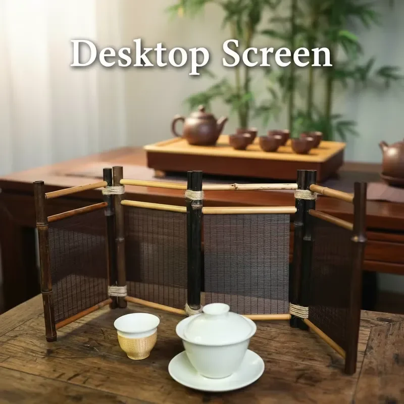 【CHIMU HOME】 Natural Bamboo Folding Screen for Desk Partition Zen Decorative Room Divider 2-Panel Tabletop Divider