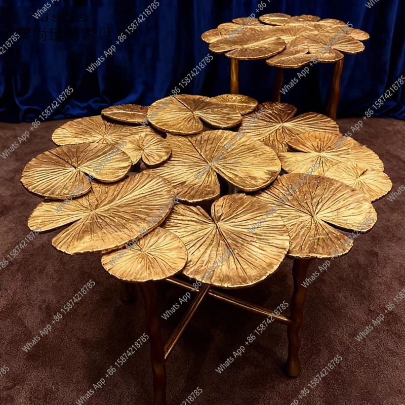 Light luxury pure copper forged lotus leaf pattern coffee table hotel villa home living room special-shaped side table