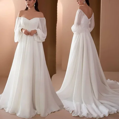Vestidos largos blancos elegantes con mangas abullonadas, traje de fiesta de noche para mujer, vestido largo hasta el suelo sin tirantes con hombros descubiertos y espalda descubierta 2024