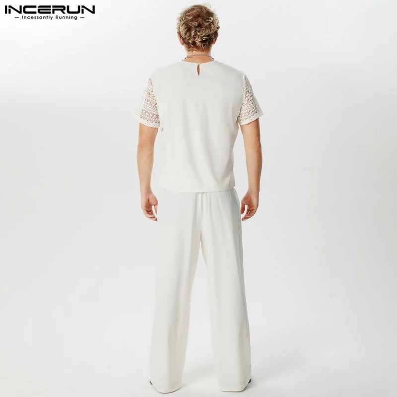 INCERUN-Conjunto de dos piezas para hombre, camiseta y pantalones de manga corta con cuello redondo y encaje transparente, ropa de calle Sexy a la moda, 2024