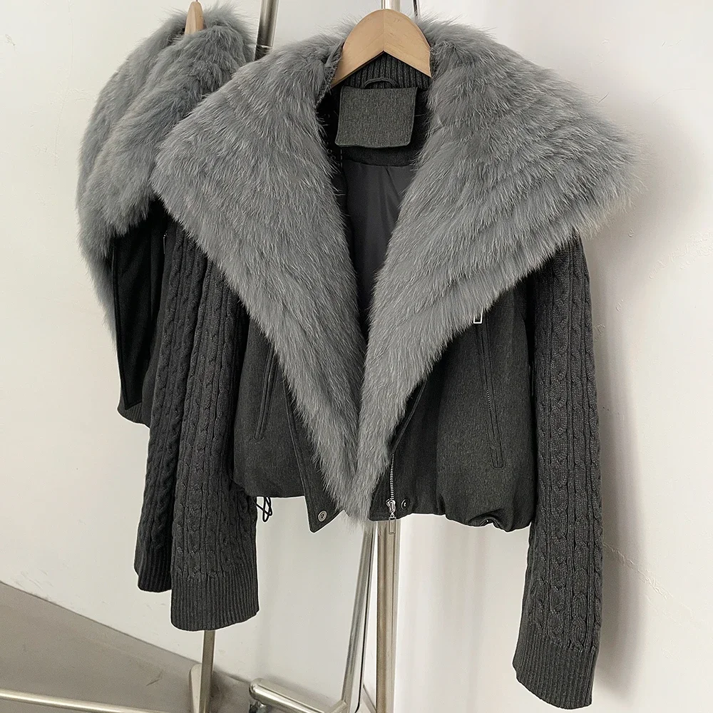 OFTBUY Wintermantel mit echtem Fuchspelzkragen, Damenjacke mit Reißverschluss, Daunenjacke, Damenjacke mit Strickärmeln, kurze Pufferjacke, dicke, warme Oberbekleidung. – Detail 10