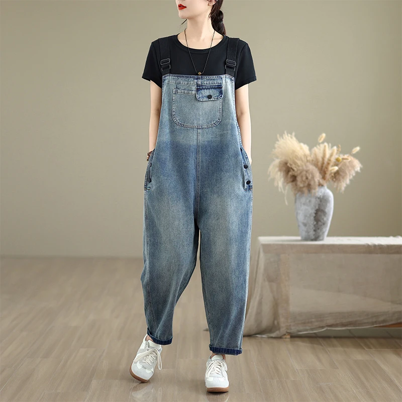 

Boyfriend Loose Jeans Overalls For Women Casual Plus Size Wide Leg Denim Jumpsuit Straps Baggy Cargo Pants Big Pockets Dungarees