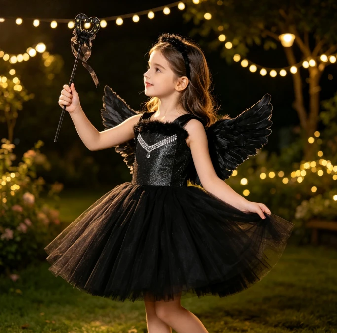 Halloween Birthday Party Solid Black Dark Angel Elegant Nightmare Style Tutu Dress With Feathers Wing Headband Magic Wand Outfit