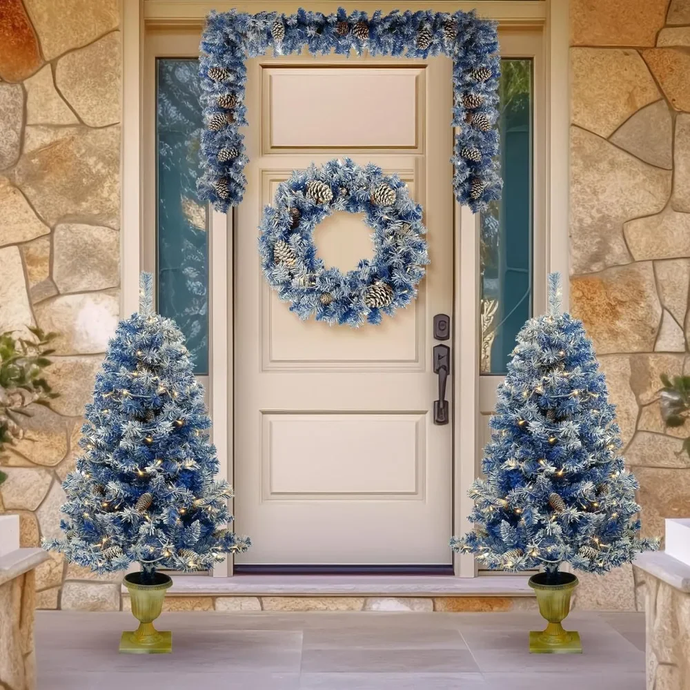 Christmas Tree Potted Christmas Entrance with 9FT Garland for Fireplace Front Porch Seasonal Holiday Decoration Christmas Tree