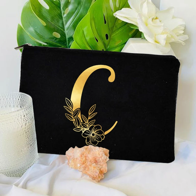 Bolsa de maquillaje con patrón de iniciales del alfabeto, estuche organizador de cosméticos portátil de gran capacidad, fuente dorada, regalo para maestros, damas de honor, 26