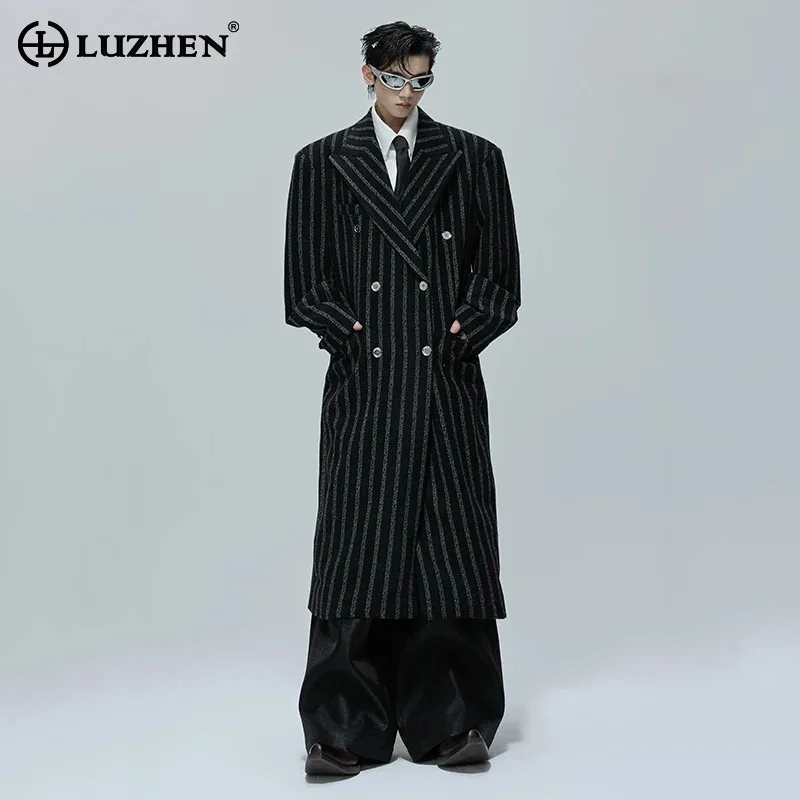 

LUZHEN Contrast Fashion Men Design Woolen Coats Lapel Striped Color High Street Double Breasted Loose Male Overcoats New JY4454