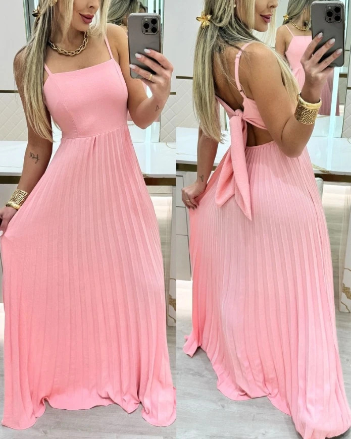 

Chiffon Sexy Women's Dress Square Neck Spaghetti Strap Pleated Backless Tied Detail Casual Flowy Loose A Line Long Dress