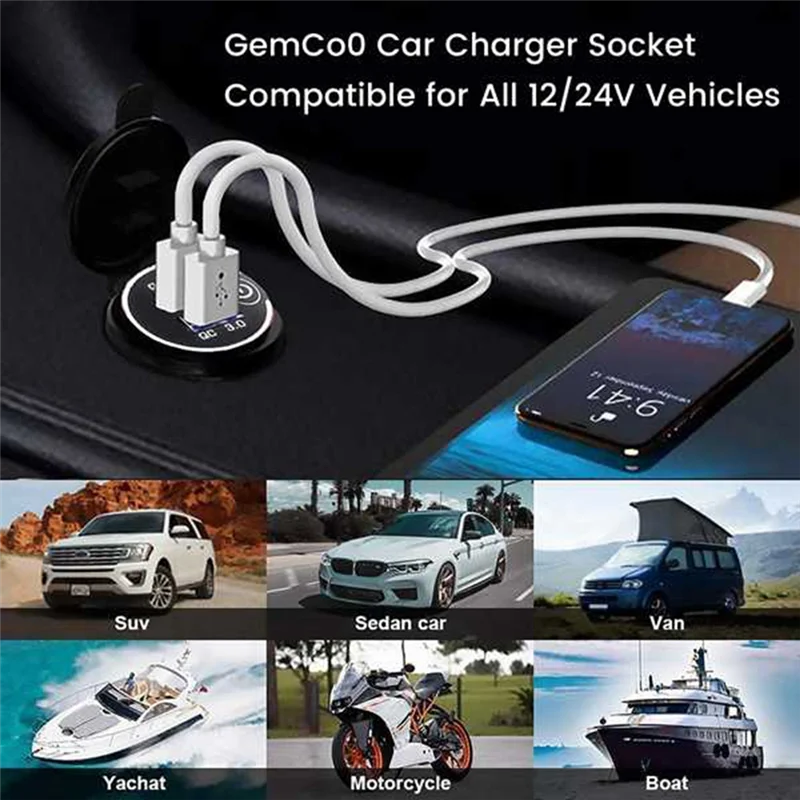 2Set Quick Charge 3.0Dual USB Car Charger 12V 36W USB Fast Charger with Switch for Boat Motorcycle Truck Golf Cart Green