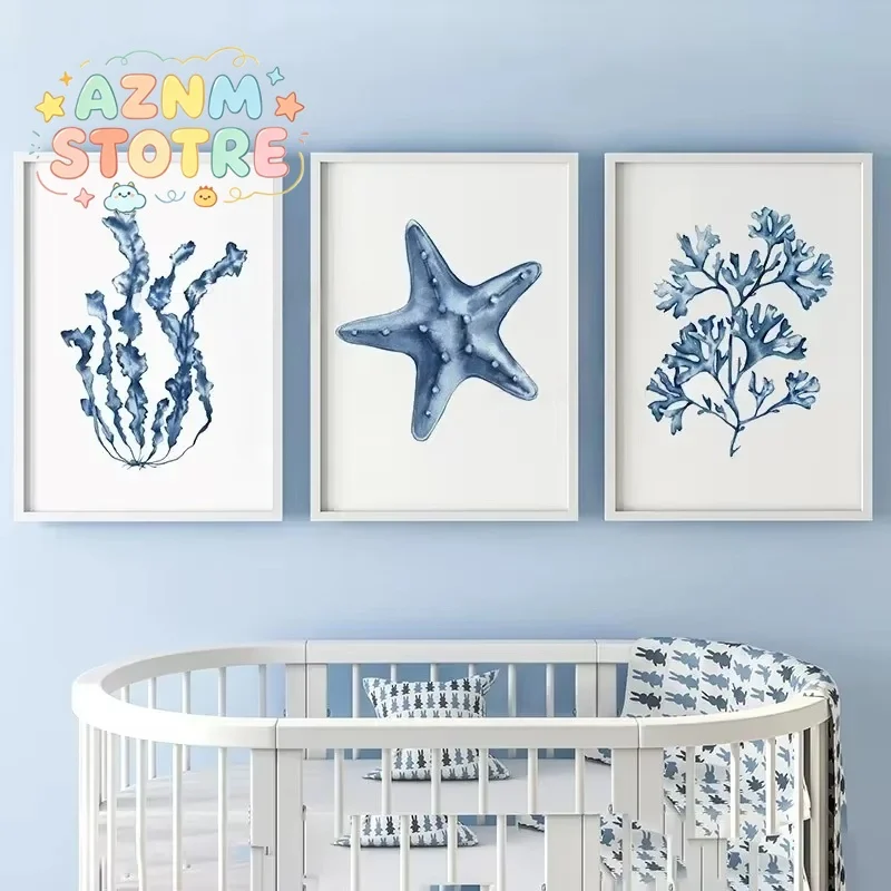 Coral Seaweed Starfish Shell Conch Navy Blue Posters Prints Wall Art Canvas Painting Pictures For Living Room Decor