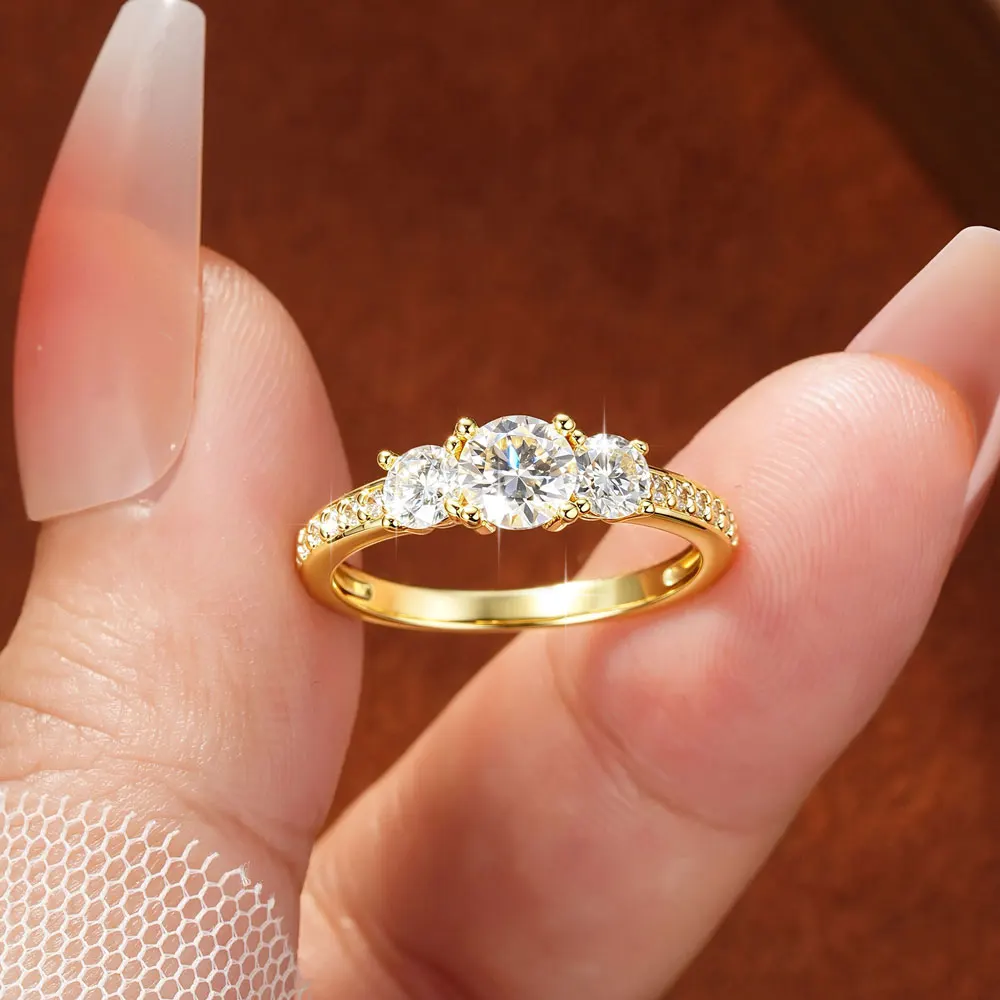 Celestinova Round Moissanite Three Stone Ring GRA Certified 14K Gold Plated Engagement Wedding Bridal Jewelry For Women